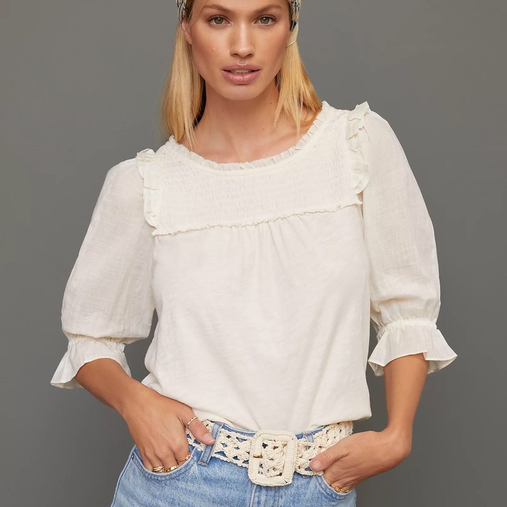 NWT By Anthropologie Smocked Puff-Sleeve Knit Top in Ivory Size XS